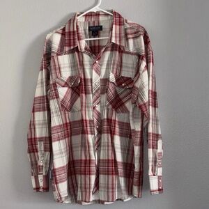Renegade Mens Red White Plaid Pearl Snap Button Shirt Size XL